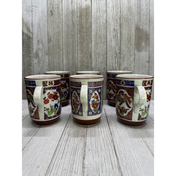 Vtg Japan Imari Coffee Tea Mugs Cups Speckled Stoneware Floral Peacock Set of 6 - Picture 2 of 10